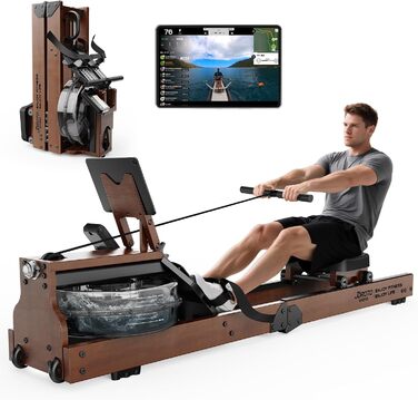 Гребний тренажер JOROTO для дому, дерев'яний, складаний | Bluetooth, сумісність з Kinomap | Макс. вага 150 кг, 16 л резервуар для води