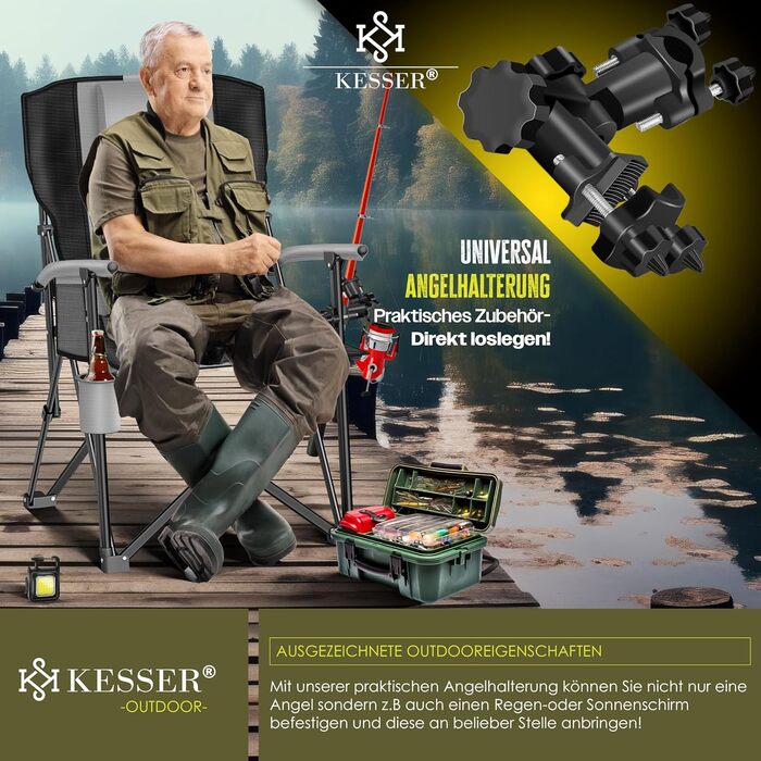 Крісло для кемпінгу KESSER® з високою спинкою, 160 кг, з підлокітниками, кишенею для напоїв та світлом, сіре/чорне