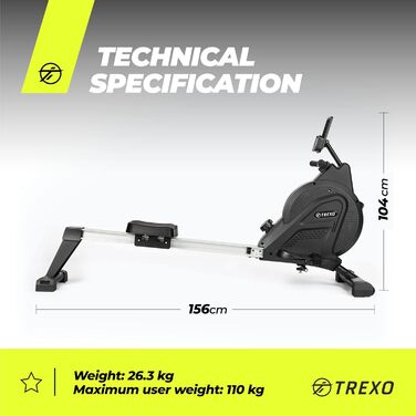Гребний тренажер TREXO RM100 з магнітним опором, маховик 3,5 кг, стабільна конструкція, ергометр, чорний