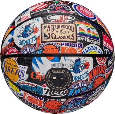 М'яч для баскетболу Wilson NBA All Team Retro, розмір 7. Ретро дизайн, технологія Dual Depth, поверхня Pure Feel, покращена повітряна утримання, класичні логотипи Hardwood.
