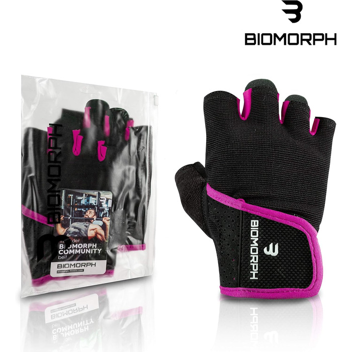 Фитнес рукавички для тренувань BIOMORPH для жінок та чоловіків | Рукавички для силових тренувань, бодібілдингу, кросфіту, рожеві, розмір S (17,5-19,5 см)
