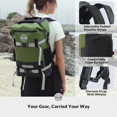 Водонепроникний рюкзак STOVER Dry Bag, 40 л, для каякінгу та водних активностей, з надійним Roll-Top, плаваюча сумка з фронтальною кишенею та світловідбиваючим елементом (Зелений)