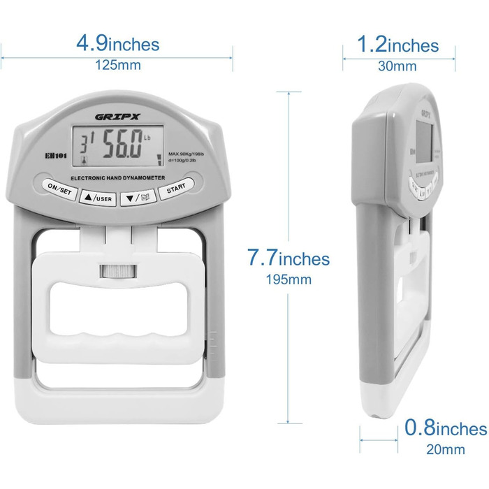 Цифровий динамометр GRIPX для вимірювання сили хвата, автоматичний, 90 кг / 198 lbs (сірий)