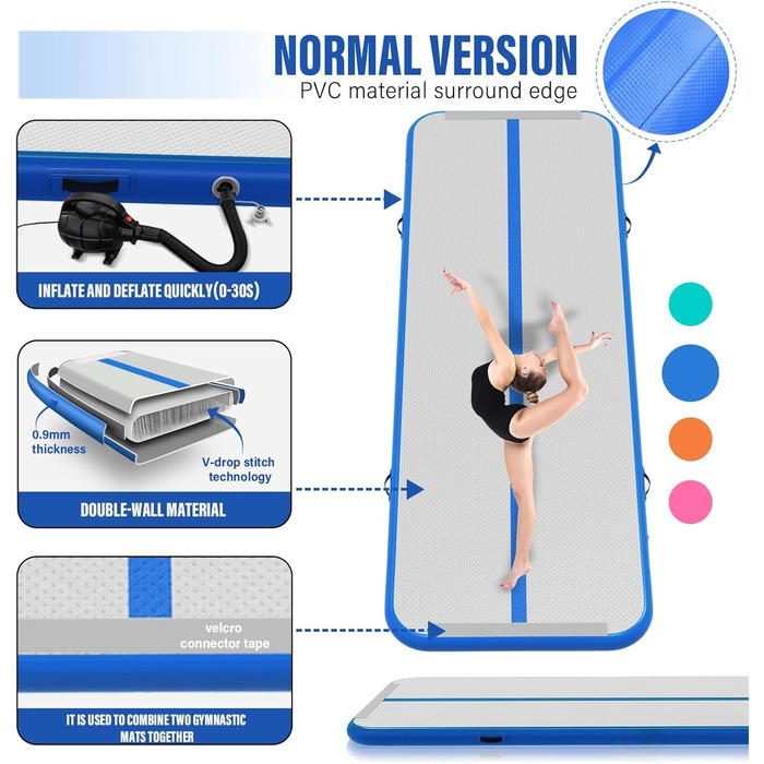 Гімнастичний надувний мат Dwzdd Air Track для дітей та дорослих, килим для тамблінга, гімнастики та чирлідингу, світло-блакитний (400x100x10 см)