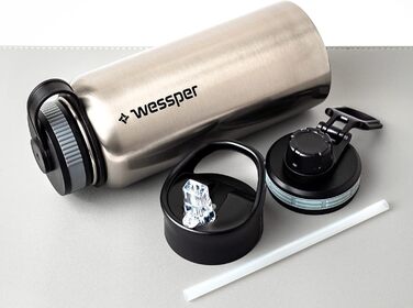 Wessper термос із нержавіючої сталі 1 л, герметична, BPA Free, 3 кришки, срібляста, пляшка для води для спорту, дітей і дорослих, для кемпінгу, велосипеда, outdoor
