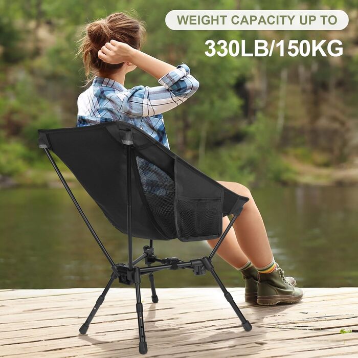 Складний туристичний стілець TOPCHANCES для кемпінгу та відпочинку на природі, чорний. Максимальне навантаження: 150 кг, з бічною кишенею та дихаючою сіткою.