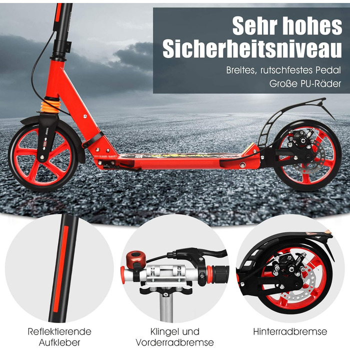 GOPLUS Ролер Кіндер 8 років, міський ролер для дітей, підлітків та дорослих до 100 кг, 3-рівневий регульований ролер, складаний самокат з колесами 200 мм, гальмо на задньому колесі та ремінь (Червоний)