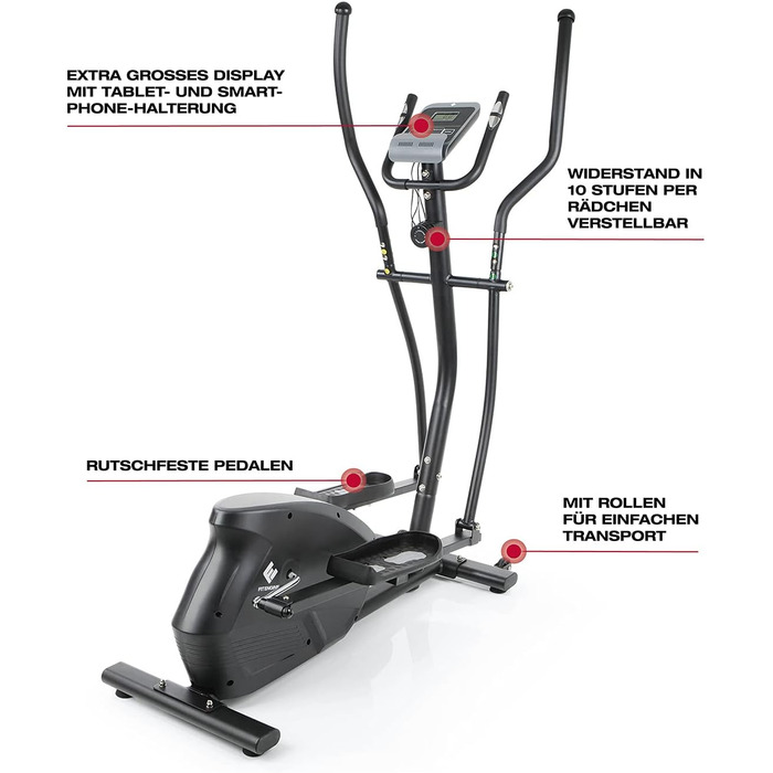 FitEngine Crosstrainer з 10 рівнями навантаження, великим дисплеєм та тримачем для планшета/смартфона, датчиками пульсу та неслизькими педалями (до 150 кг)
