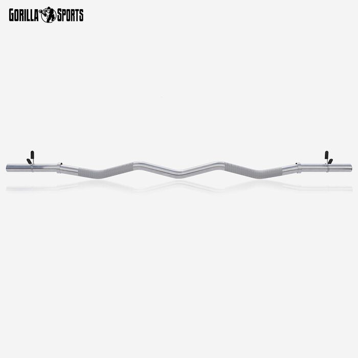 SZ-штанга GORILLA SPORTS 120 см, до 180 кг, 30/31 мм, хромована, з насічками та 2 пружинними замками – вигнута штанга для біцепса, рифлена, неслизька