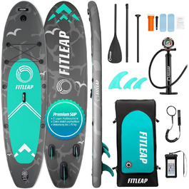 Надувний SUP-борд Fitleap Premium Stand Up Paddle Board - комплект з насосом, веслом та рюкзаком. Ідеально для початківців та професіоналів, для йоги, серфінгу та водного спорту (сірий, 2 особи)