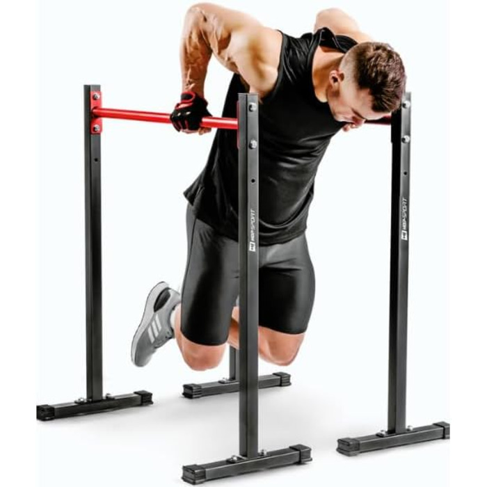 HOP SPORT Турнік для віджимань Dip Stange - надійна та регульована стійка для віджимань до 140 кг - тренажер для силових тренувань + неопренові рукавички в комплекті, чорний