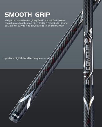 Більярдний кий CRICAL з карбону, 147,3 см, професійний, з'єднання 3/8 x 8, наконечник 12,5 мм, COWCUE-02