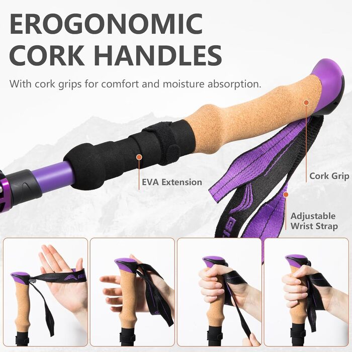 Телескопічні палиці для скандинавської ходьби та гірських походів BISINNA, карбонові, з корковими ручками, ультралегкі, фіолетові, 100-115 см