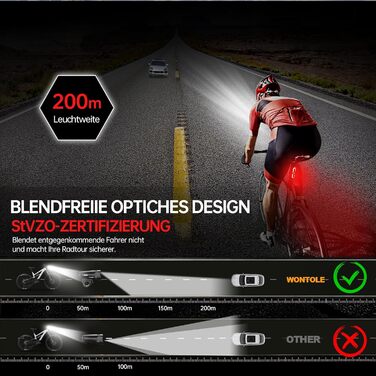 LED велосипедне освітлення: комплект 100 Lux, сертифікований StVZO, USB зарядка, водонепроникність IPX5, переднє та заднє світло з функцією гальмування