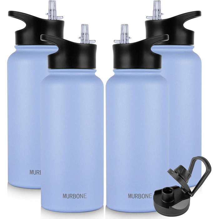 Термос-бутилка MURBONE з нержавіючої сталі 1.2 л, 2 кришки, трубочка, BPA Free, герметична, для газованої води, вакуумна ізоляція, набір 4 шт. — для спорту, подорожей, кемпінгу