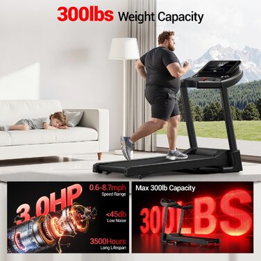 Біговий тренажер UMAY з нахилом 14 км/год, складаний для дому з мотором 3.0 PS та 3 рівнями нахилу, 12 програм тренувань, максимальне навантаження 136 кг, нахил 15%