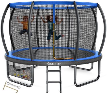 Трамплін KESSER® Outdoor для дітей та дорослих, діаметр 244/305/366/427 см, з сертифікатом GS, безпечне сітко, сходи, захисний борт, подушки на стійках (блакитний)
