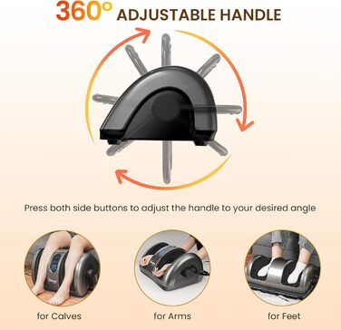 Електричний масажер для ніг TISSCARE з функцією шиацу, нагрівом, розминанням, роликами та натисканням. 360° регульована ручка. Для зняття болю, подарунок для жінок та чоловіків. Колір: сірий.