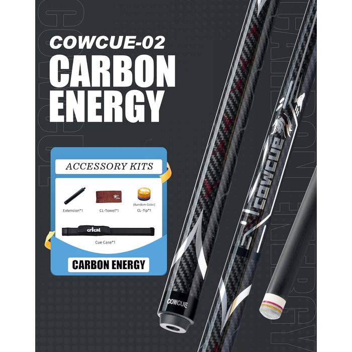 CRICAL Більярдний кий з карбонового волокна, 147,3 см, професійний, з'єднання 3/8 x 8, наконечник 12,5 мм (COWCUE-02 Set)