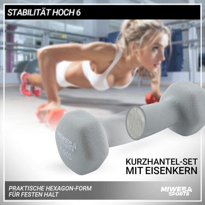 Неопренові гантелі Miweba Sports NKH100, 2×8 кг, гексагональні, для фітнесу, бірюзові, короткі, набір для дому та залу