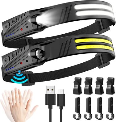 LED налобний ліхтар, 2 шт. 2000 люменів, перезарядна козячка з датчиком, IPX5, 1500mAh, для кемпінгу, бігу, походів