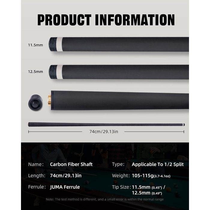 Карбоновий шафт для більярдного кия KONLLEN Low Deflection з Pro-Taper, 11.5/12.5 мм, з'єднання Uni-Loc, 74 см, чорний