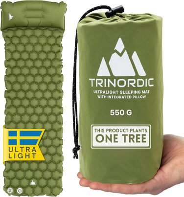 Надувна ізольована килимок TRINORDIC 550g з подушкою - для кемпінгу, трекінгу та бікпакінгу, компактний, Waldgrün