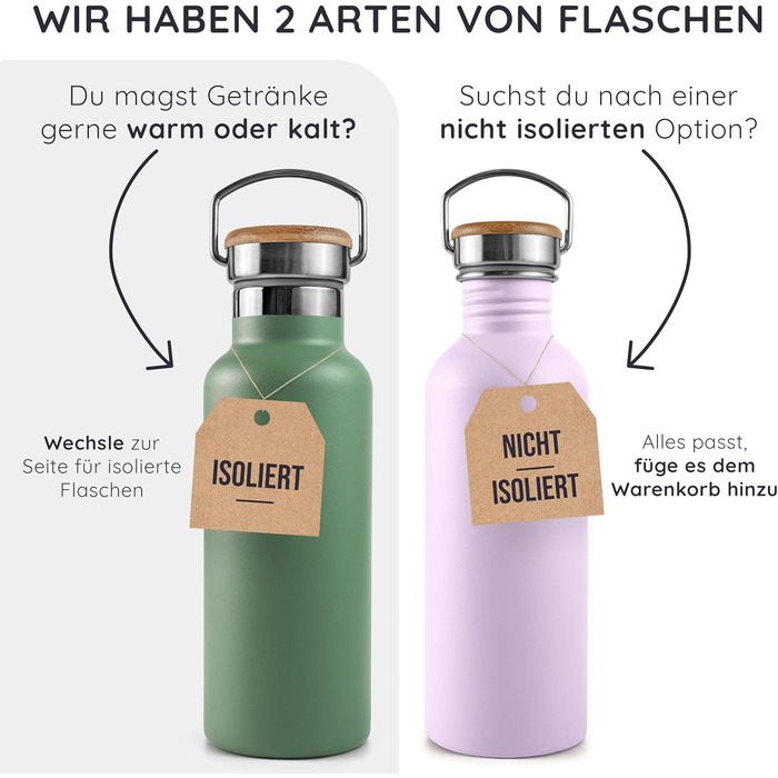 Водяна пляшка Bambaw з нержавіючої сталі 1л | Багаторазова еко-пляшка | Для кемпінгу та походів | Без пластику | Спортивна пляшка, не протікає (500 мл, фіолетовий)