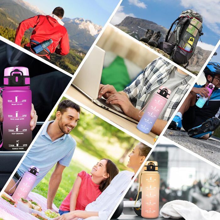 Спортивна пляшка для води 1 літр, без витоку, з позначками часу, для велосипеда, школи, офісу, фітнесу (1500 мл, Ірис-рожевий)