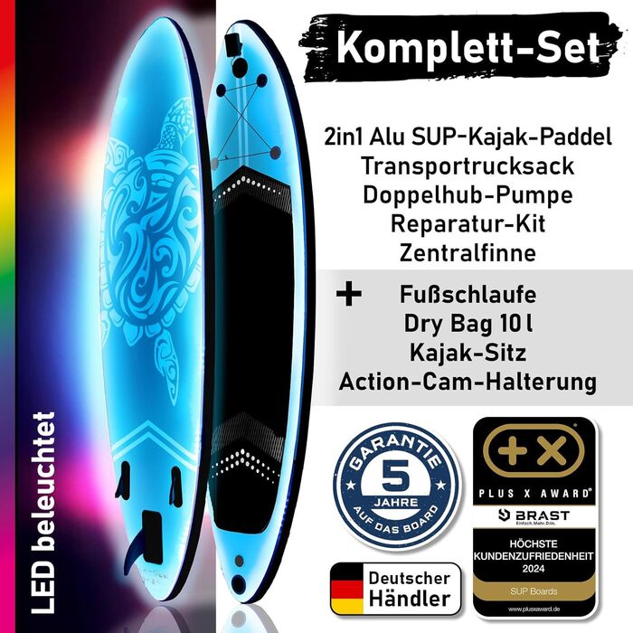 Надувний SUP Board BRAST з LED-підсвіткою | Комплект для станд-ап паддлінгу | 320x81x15 см | 4 дизайни | LED-підсвітка 10 кольорів | 5 років гарантії | 2в1 весло, сидіння для каяка, кріплення для екшн-камери, петля для ніг (Turtle Blue)