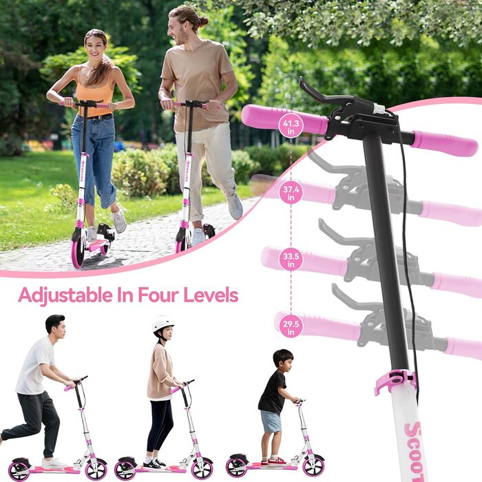 MEE GOO Скутер для дорослих – роликовий самокат з дисковими гальмами та подвійними амортизаторами, 200 мм PU-колеса, підшипники ABEC-7, протиковзне покриття (Рожевий/Білий/Синій) – Макс. 100 кг (РОЖЕВИЙ)
