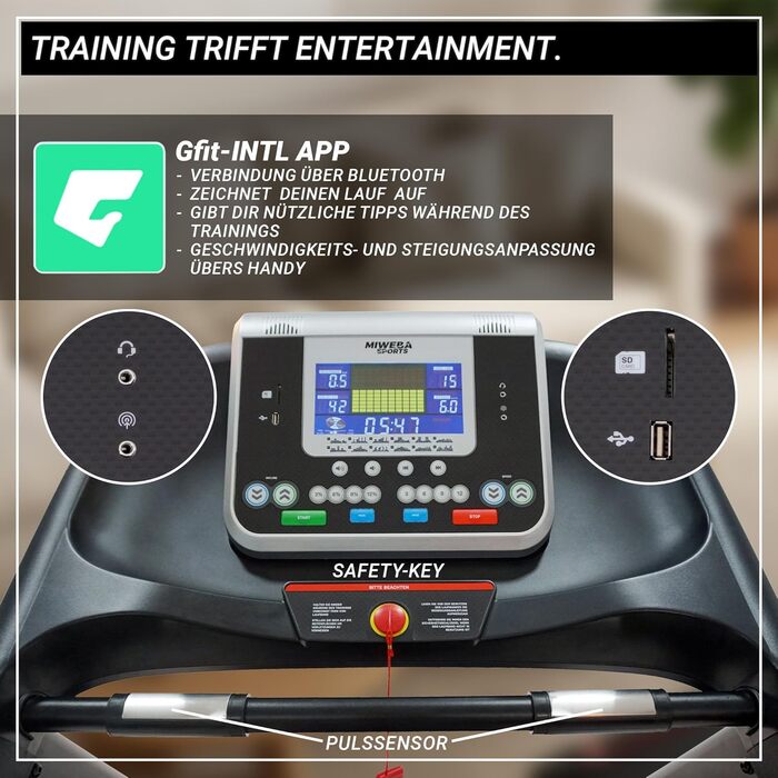 Електричний біговий тренажер Miweba Sports HT5000 | 7 PS, 18 км/год, нахил до 15%, вантажопідйомність 150 кг, з додатком, складаний, велика площа для бігу, 12 програм, для дому, чорний