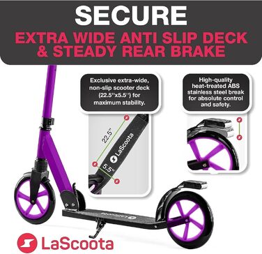 Lascoota Роликовий самокат для дітей від 8 років - для дорослих, складний, з регулюванням висоти, амортизація спереду + ремінь на плече, колеса 20 см, самокат для підлітків (фіолетовий)