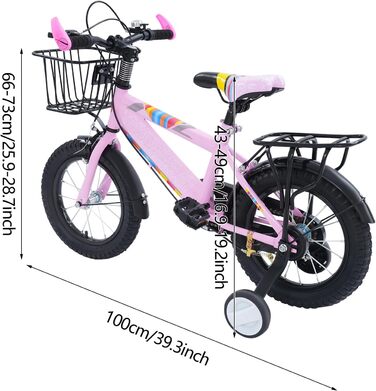Дитячий велосипед 14 дюймів для хлопчиків та дівчаток з додатковими колесами, кошиком та заднім сидінням, регульована висота, сталевий велосипед для дітей 3-6 років, рожевий