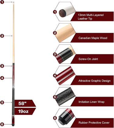 Кю Pool Queue 58 дюймів: Більярдний кий з канадського клена, наконечник 13 мм, для професійних гравців. Білльярдний кий 1/2 Maple, червоний