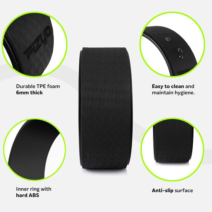 Колесо для йоги Fizyo Yoga Wheel – для розтяжки спини та полегшення болю – стабільне, неслизьке – для йоги, пілатесу, розтяжки (Чорний, 32 см)