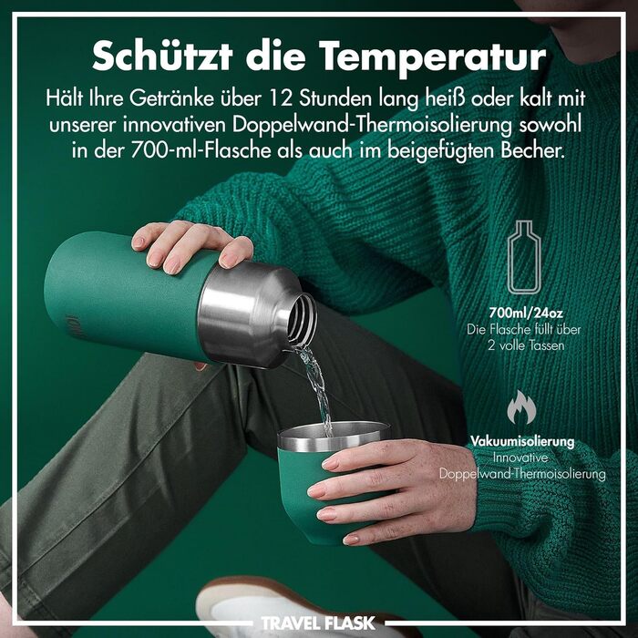 Термос ION8 ThermoShield вакуумний ізольований для гарячих і холодних напоїв, зелений, 2 чашки, магнітна кришка, м’яке дно, екостиль