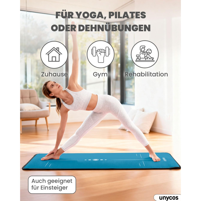 Килимок для йоги Unycos з неслизькою поверхнею | Висока щільність 6/10/15 мм, тренувальний килимок для гімнастики з ременем для перенесення, з електронною книгою. Дружній до шкіри фітнес-килимок для пілатесу, тренувань, спортзалу (#21 Синій + Чорний, 183*