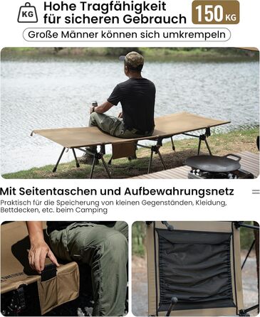 OneTigris SUPRANUBIS розкладне ліжко для кемпінгу 190x70 см, легке, портативне, до 150 кг, для намету, відпочинку на природі, подорожей, саду, офісу, колір Койот