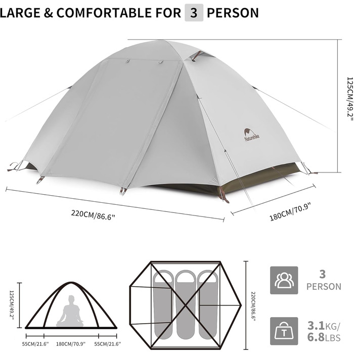 Намет Naturehike Cloud Creek 2-3 особи, Ultraleicht, 7001 Алюміній, Захист від сонця та Водонепроникність, для кемпінгу, трекінгу та подорожей
