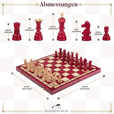 Шаховий набір Intarsien Pearl XL з вишневого дерева | Master of Chess | Класичний шаховий набір 42 см для дітей та дорослих | Шахове поле з фігурами (Червоний XL)