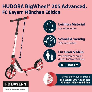 Самокат HUDORA BigWheel 205 Advanced FC Bayern München, алюмінієвий, до 100 кг, складаний, для дітей, підлітків і дорослих