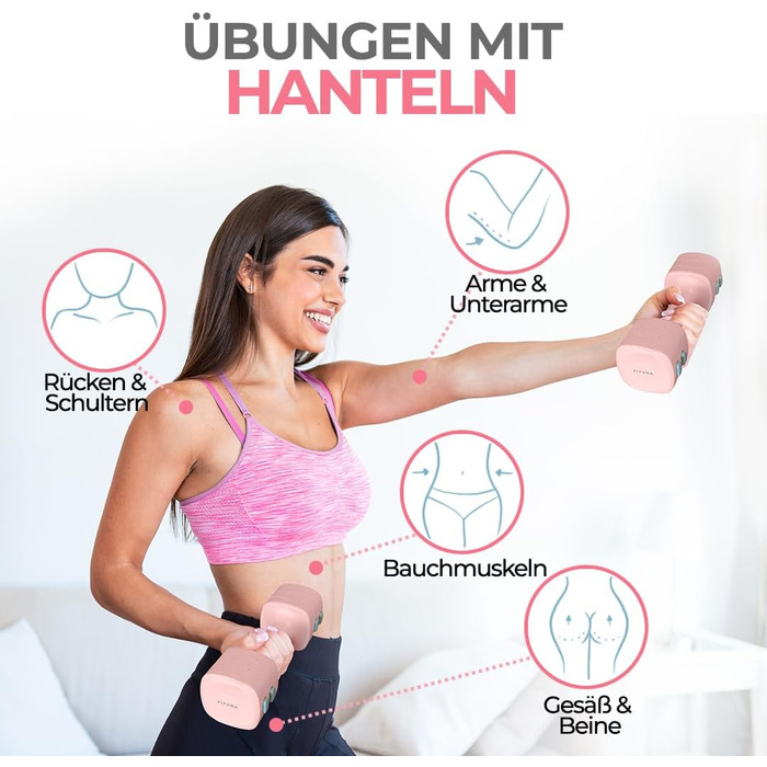 Регульовані гантелі 2 в 1 + гвинтівка (kettlebell) – Набір гантелей для жінок, Рожеві, короткі гантелі 1–3 кг & гвинтівка 2,5–6,5 кг, з 3 еластичними стрічками та інструкцією