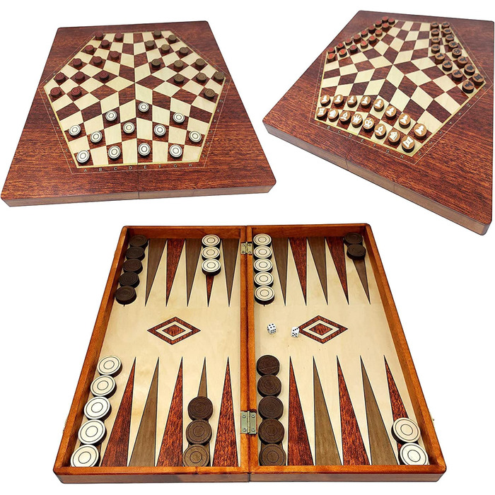 Дерев'яний 3-в-1 набір: шахи, нарди, шашки ChessEbook, 48x48 см, складаний, ручна робота