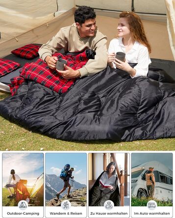 Спальний мішок KingCamp на 2 особи з фланнелю для зими, 3-4 сезони, з подушками, для кемпінгу та відпочинку на природі (чорний)