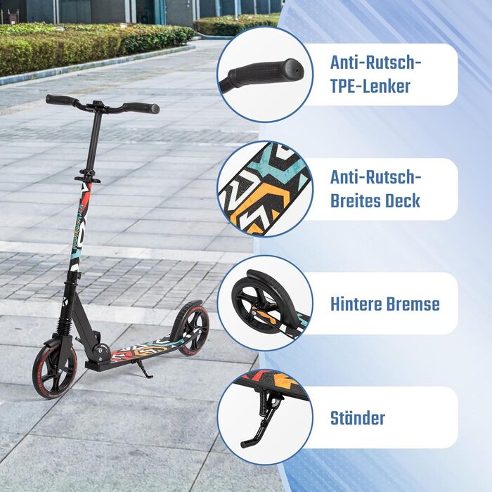 Самокат Leogreen Cityroller 205 мм, алюмінієвий, складаний, регульований, для дорослих і підлітків, до 100 кг, PU колеса, зі стійкою