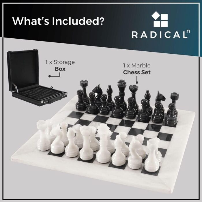 Мармурові шахи Radicaln з коробкою для зберігання, 15 дюймів, біло-чорні, ручна робота, шахова дошка з 32 фігурами, набір для двох гравців, настільна гра для дорослих