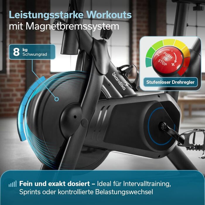 Велотренажер Skandika Spinning Bike Falk P8-HM: сталевий фрейм, магнітний гальма, LCD-дисплей, Bluetooth, сумісність з Kinomap