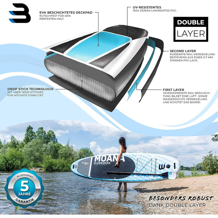 Надувна SUP-дошка Bluemarina Moana 305x75x15 см, серфборд із комплектом, гарантія 5 років, вантажопідйомність 130/180 кг