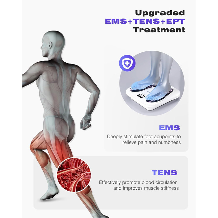 Масажер для ніг та тіла Medic EMS TENS - стимулятор кровообігу з 10 режимами та 20 рівнями інтенсивності. Зменшує біль при п'ятковому фасціїті, невропатії та болю. Білий колір.